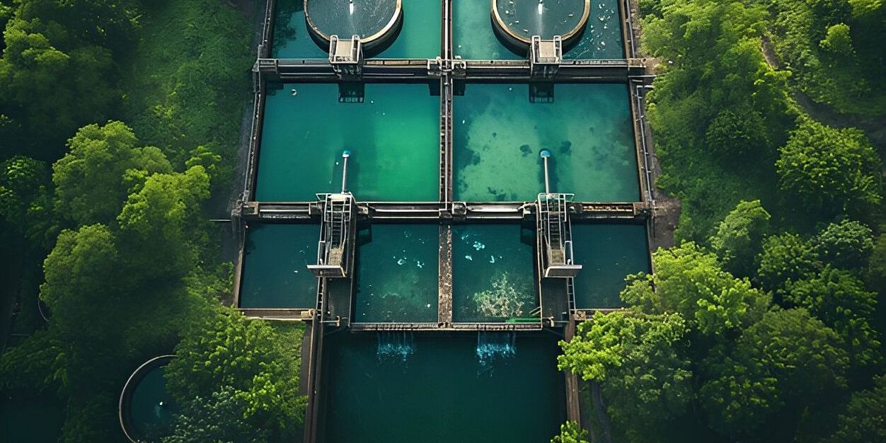 An aerial view of a structure with a green surface, possibly a pond or a specialised industrial facility.