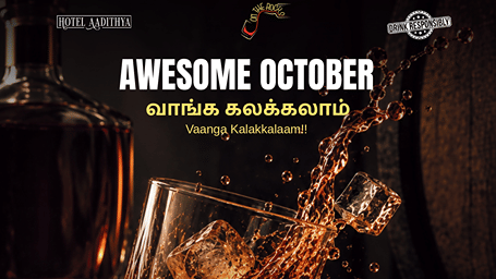Promotional banner for Hotel Aadithya's On The Rocks bar showcasing October drink specials on domestic spirits, draught beer pitchers, and bucket beers, set against a background of liquor pouring into an iced glass.