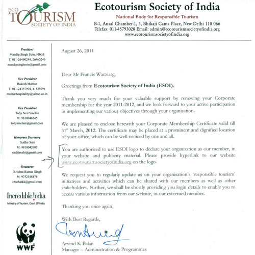 2012 Tourism society of India certificate to NHPL - March-2012-