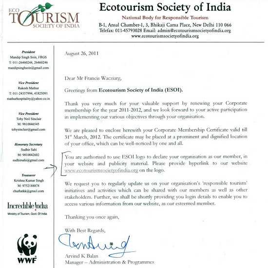 2012 Tourism society of India certificate to NHPL - March-2012-