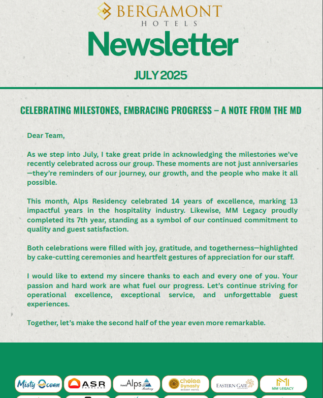 Bergamont Hotels newsletter with a green header titled - Newsletter July 2025 featuring hotel news and contact details.