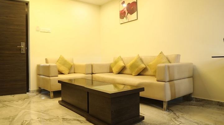 Living area consisting of a Corner Sofa that seats 4 people in the Friends and Family Pent House Duplex, at ZARA’s Resort, Khandala