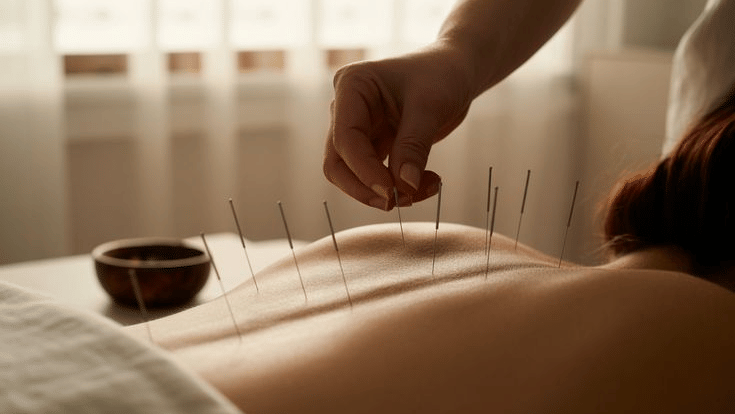 Acupuncture session at YO1 Wellness Center where a practitioner gently places fine needles along a guest’s back during a holistic wellness therapy treatment in a softly lit room.