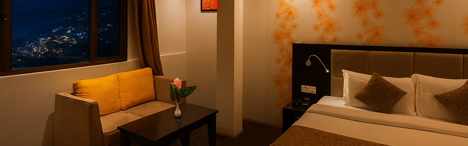 Stylish 3-star hotel room in Gangtok with cozy king-size bed, warm lighting, sofa seating, and large window offering night view of mountains and city lights