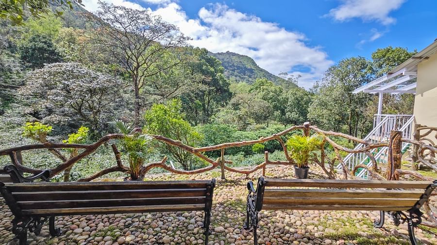 an image of a outdoor space with seating arrangement surrounded by hills - Ibex Stays & Trails, Valparai (Mistly)