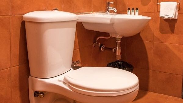 A bathroom with a white toilet, a small white sink, and orange-brown walls.