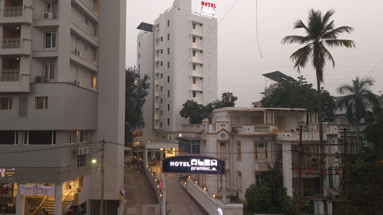 A daytime street scene featuring tall buildings, smaller structures, and a prominent palm tree under a cloudy sky | Pravasa Vadodara