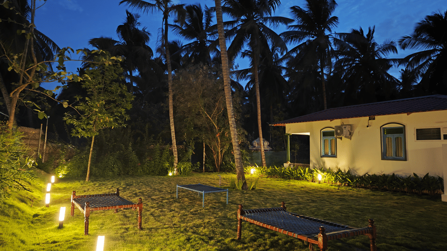 Illuminated garden pathway at Ibex Resorts, Coimbatore (Kakarla), surrounded by lush greenery and cottages, creating a serene ambience for evening stays and events.