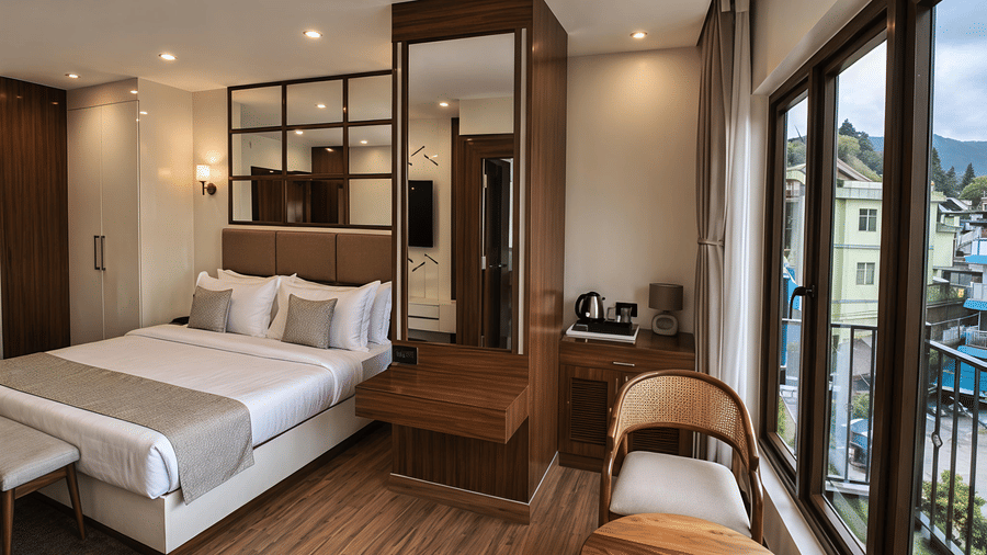 A Premium Room at Valmere Chery Blossom Suites showing a coffee station on a wooden cabinet next to floor-to-ceiling curtains and a comfortable seating area.