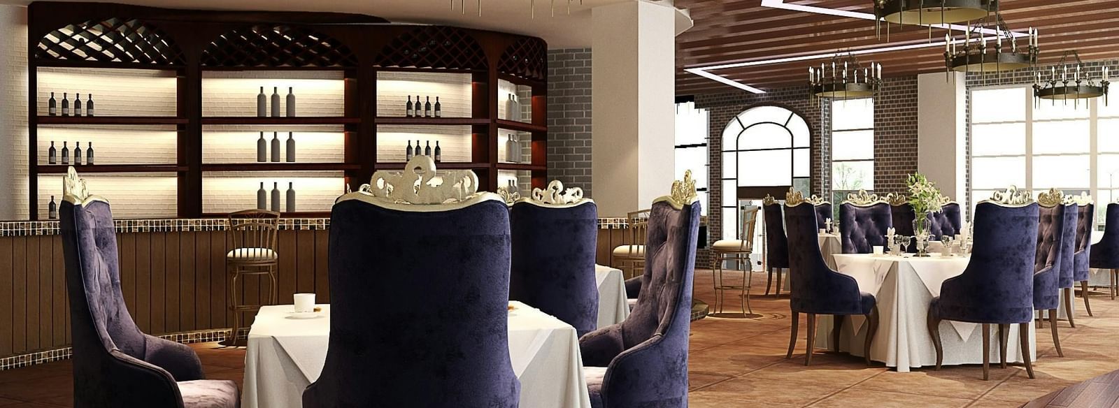 Spacious dining hall with wooden beams, neatly set tables, and an inviting warm ambience