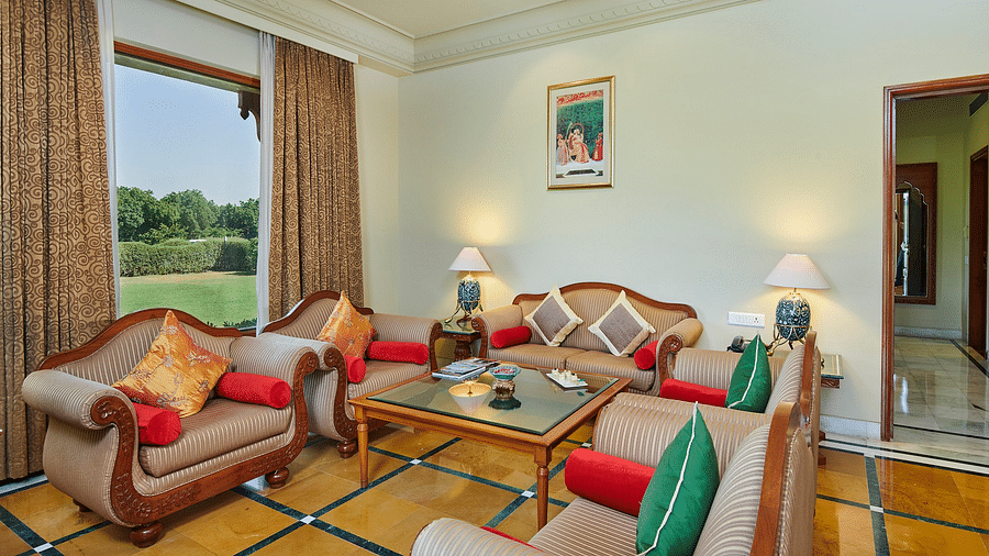 Royal Suite Living room with colourful and vibrant couch - The Ummed Jodhpur, Palace Resort and Spa