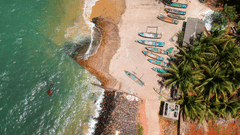 An aerial top-down view showing multiple small boats parked on a sandy beach coastline next to green palm trees and waves meeting the shore.
