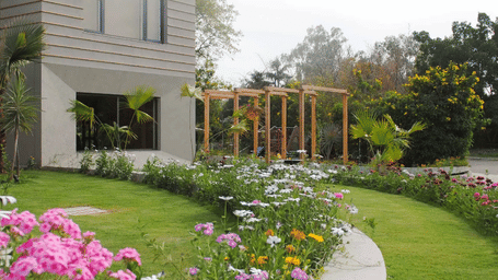 Modern house with a curved garden path bordered by pink and white flowers, and a green lawn at Karma Chalets. 