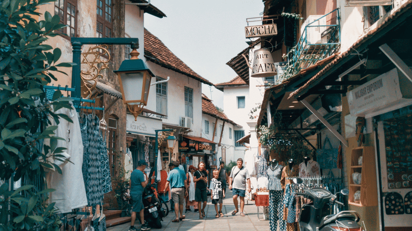 Charming shopping street in Goa lined with local boutiques, cafes, and artisan stores.