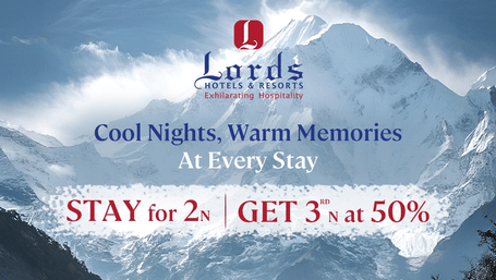 Winter offer by Lords Hotels & Resorts – Stay for 2 nights and get the 3rd night at 50% off, set against a scenic mountain backdrop.