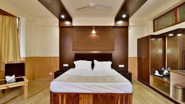 A well-lit room at DLS Hotel Devlok, Manali with a double bed