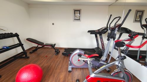 Gym at Grand Continent, Anjuna with equipment facing a mirror and a red ball. 