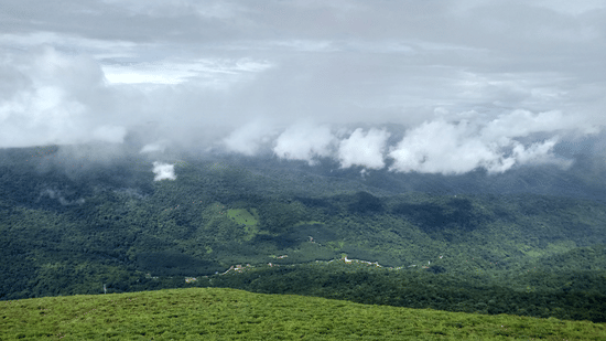 View of green hills and valley covered with clouds under overcast sky, with grassy foreground and forested landscape below.