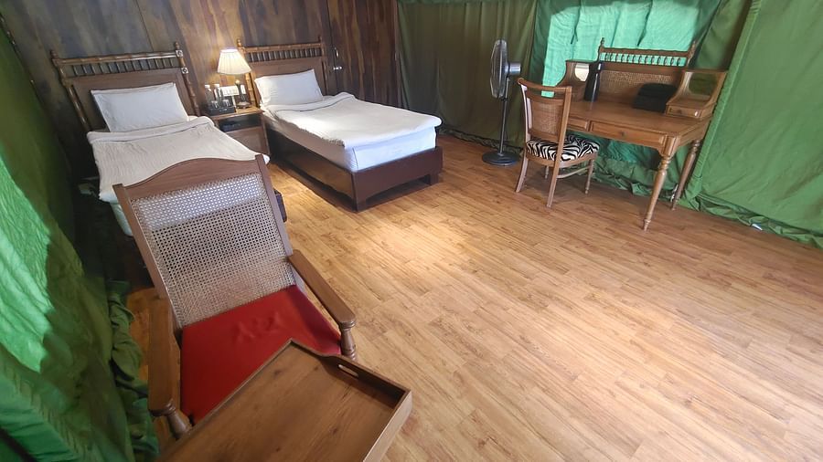 a room with two single beds and a work desk - The Jamoon, Corbett