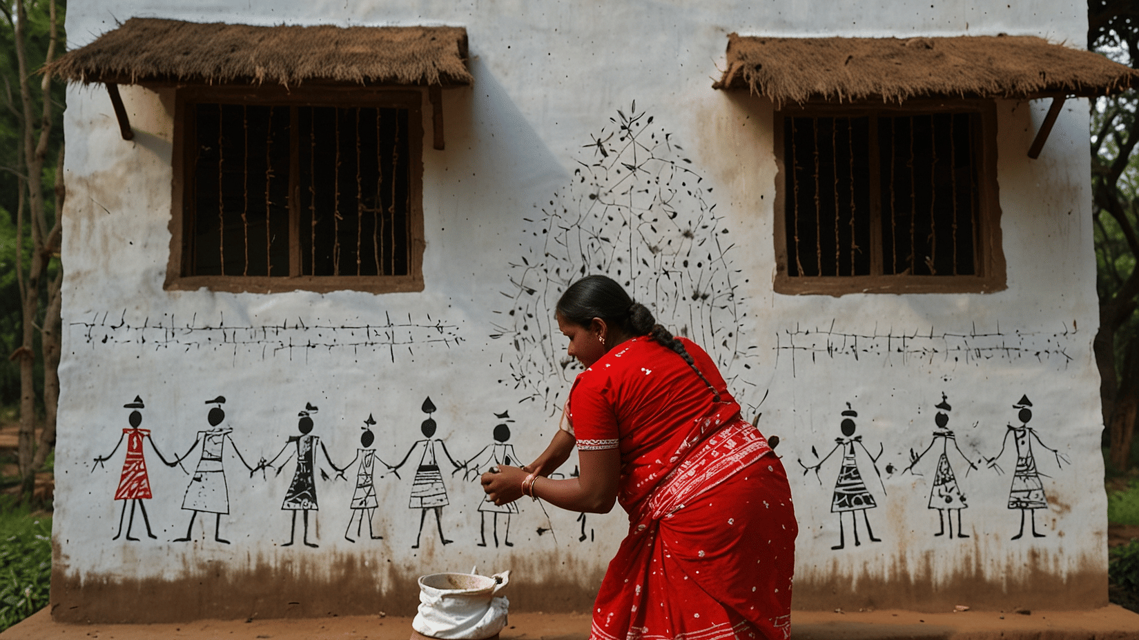 A Warli woman painting traditional tribal art on the wall of a hut in Sajan village.
