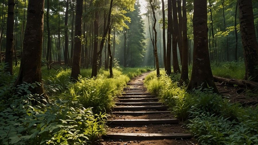 Kundalika nature trail with sunlight through trees