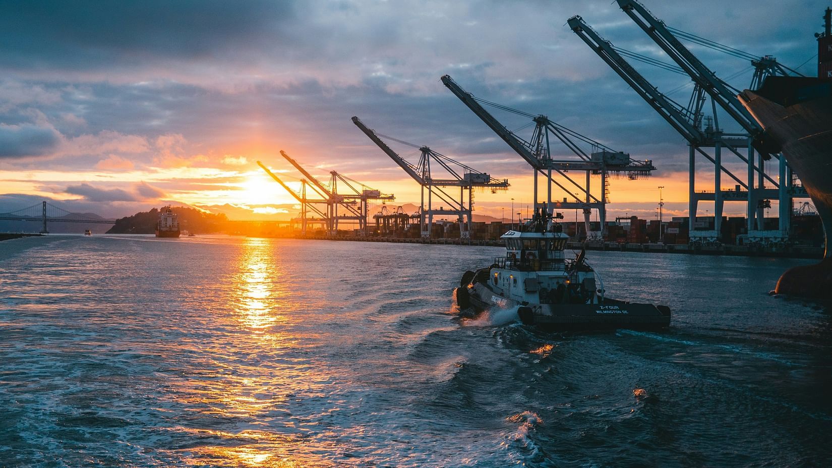view of a port at sunset