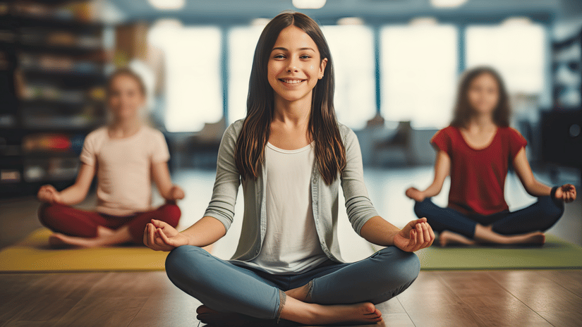 yoga-school-kids-group-teacher-happy-schoolchildrens-boys-girls-klassroom-with-positive-teacher-generative-ai-illustration