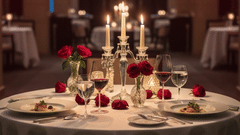 Creative featuring a dinner table with roses, desserts, candles, wine glasses and more at Pride Premier Pune.