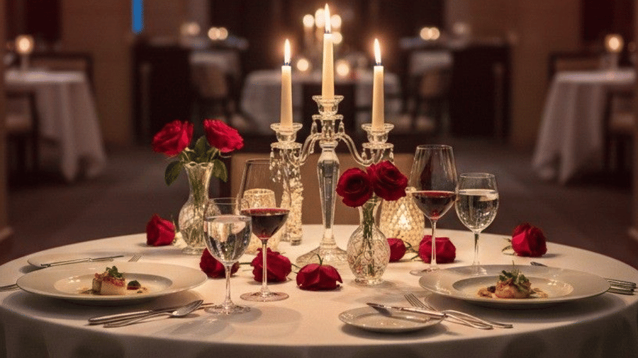 Creative featuring a dinner table with roses, desserts, candles, wine glasses and more at Pride Premier Pune.