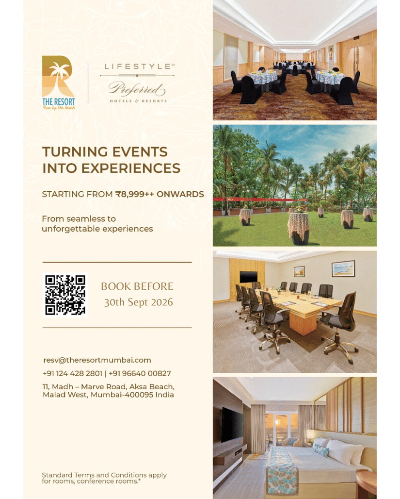 Promotional banner for The Resort Mumbai featuring a banquet hall with round table setup, an outdoor lawn event space, a boardroom meeting room, and a guest room. Text highlights event packages starting from INR 8,999++ onwards and booking before 30th Sept