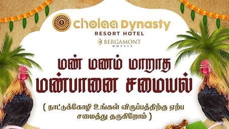 A Promotional poster for Cholaa Dynasty’s Village-Style Traditional Meal, featuring a spread of South Indian dishes like chicken curry, rasam, tamarind rice, curd, and payasam. The poster includes Tamil and English text, colorful food illustrations, and co