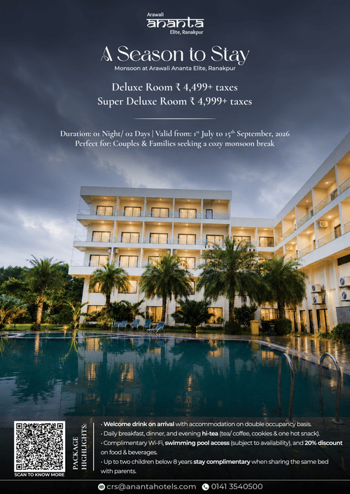 A grand palace style luxury resort building with illuminated windows and a fountain driveway under dramatic grey monsoon clouds, advertising seasonal rooms in Bundi.