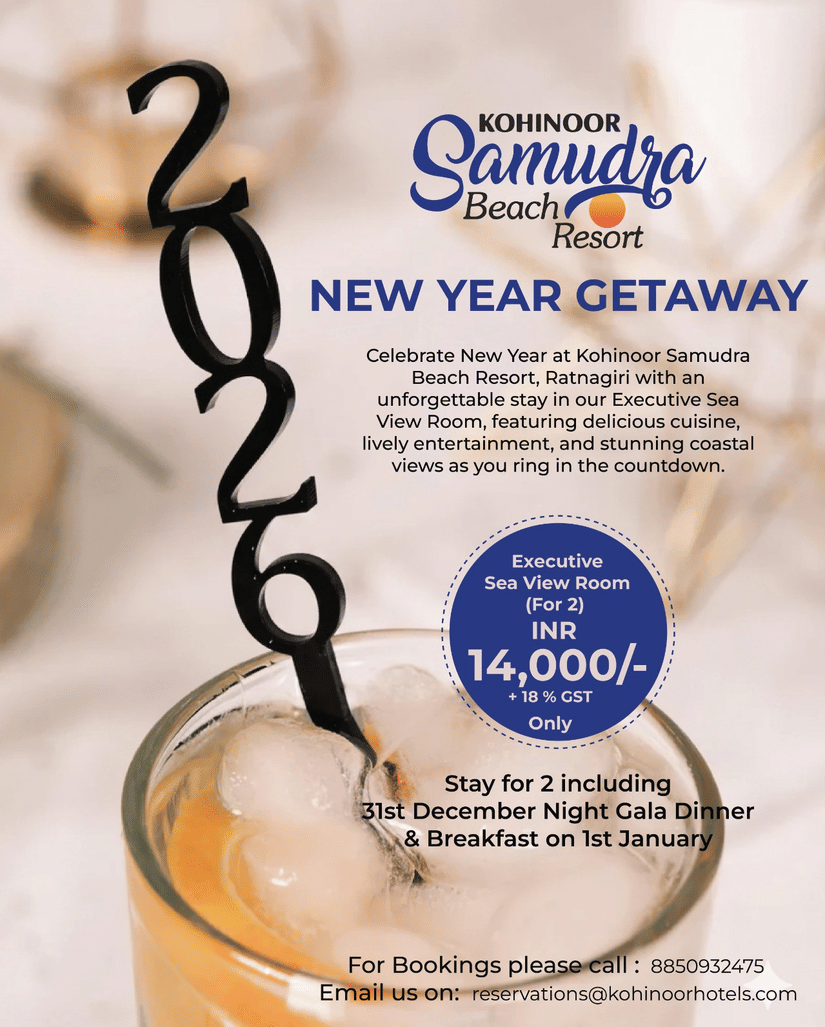 New Year Getaway creative for Kohinoor Samudra Beach Resort, Ratnagiri, featuring a celebratory cocktail with a 2026 stirrer and information about the package.