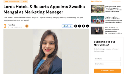 A professional head shot of Swadha Mangal, the new Corporate Marketing Manager for Lords Hotels & Resorts.