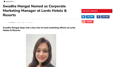 A professional head shot of Swadha Mangal, the new Corporate Marketing Manager for Lords Hotels & Resorts.