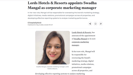 A clear professional head shot of Swadha Mangal, Corporate Marketing Manager at Lords Hotels & Resorts, published by ET Hospitality World.