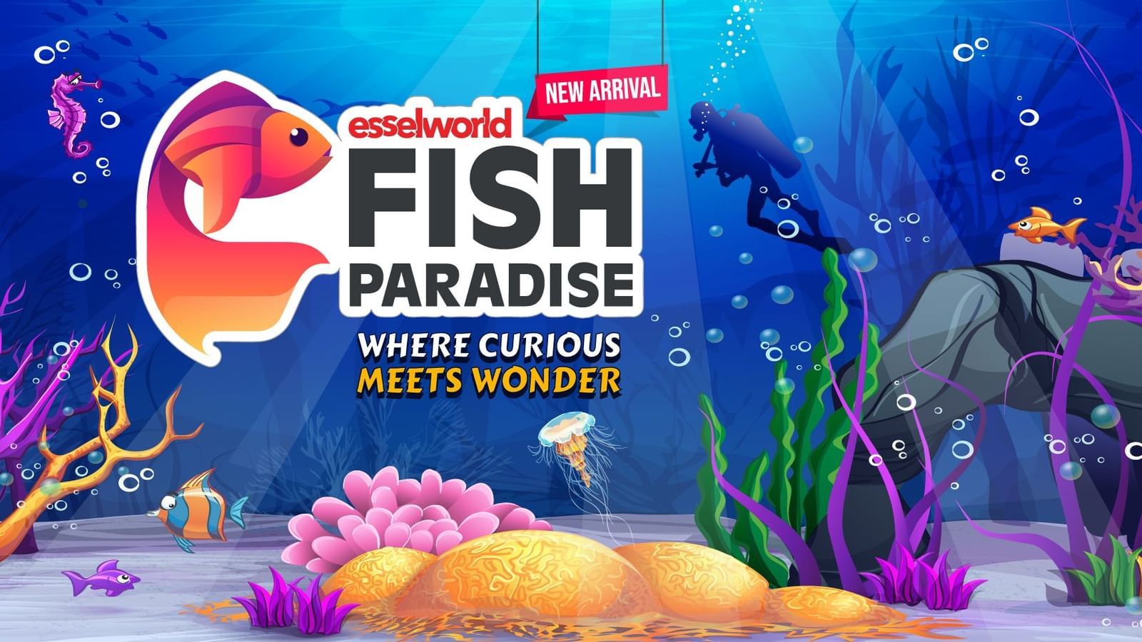 EsselWorld Fish Paradise signboard at Water Kingdom with vibrant underwater theme and slogan Where Curious Meets Wonder.