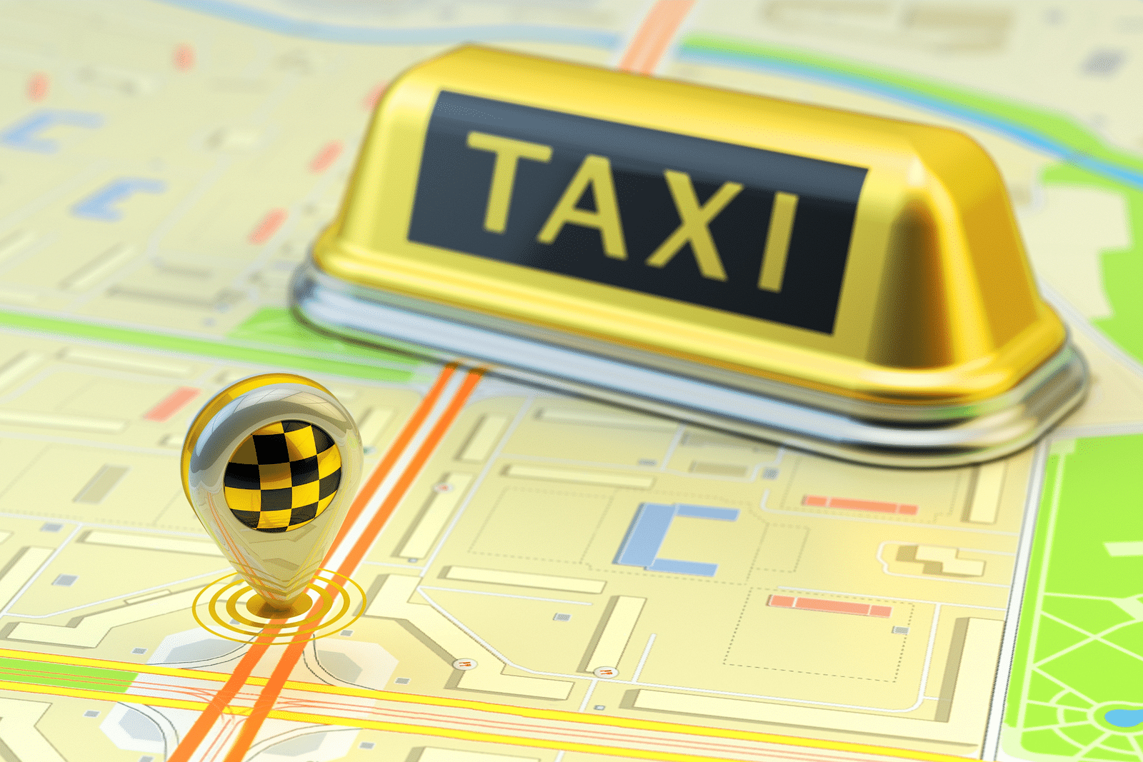 An overview of a map with a location logo and a taxi logo on top of it.