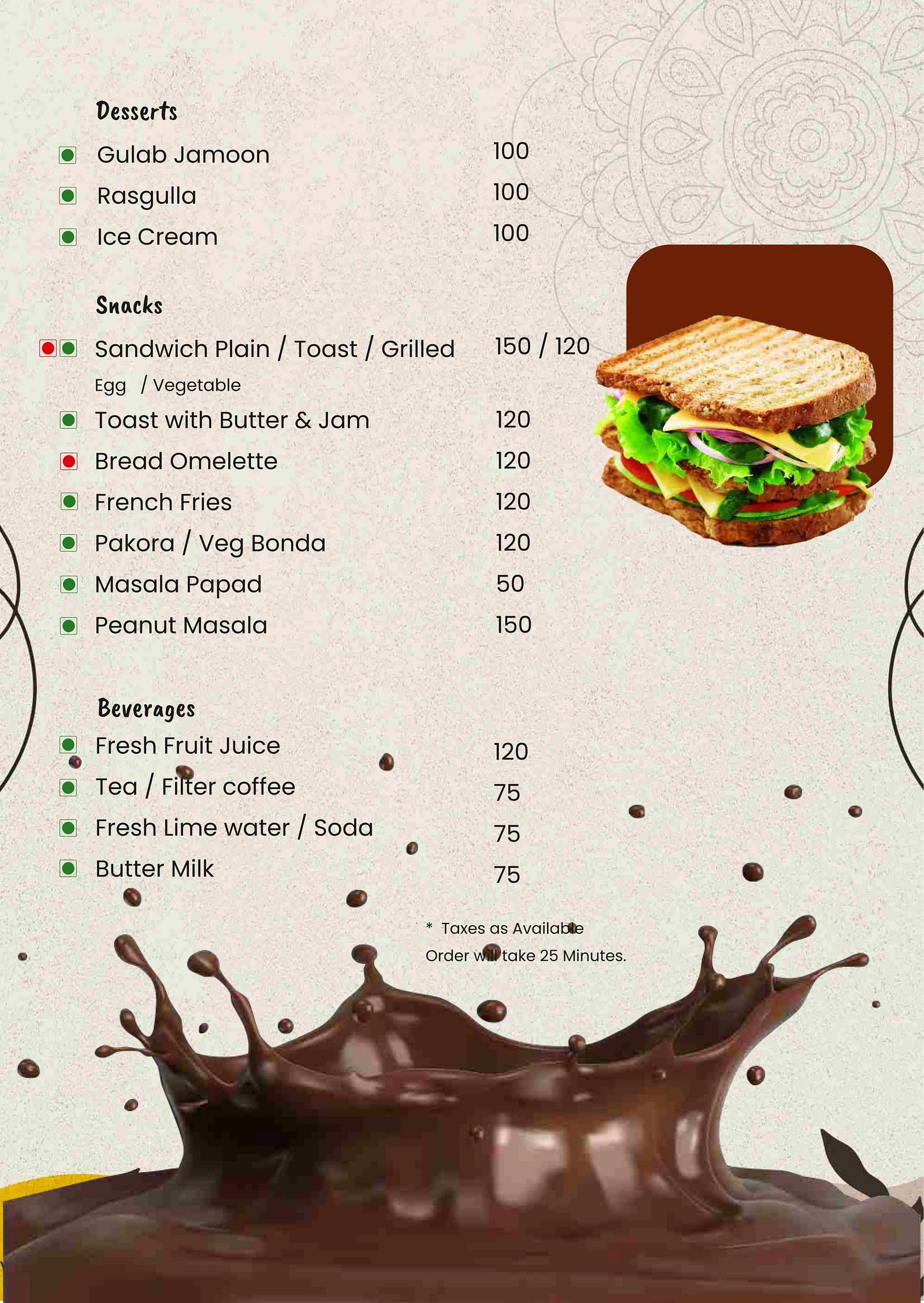 Menu featuring desserts and snacks and beverages with images of a sandwich and a splash of chocolate at the bottom of the menu