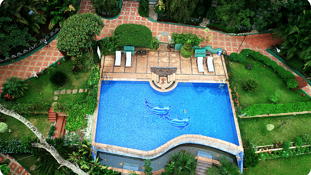 Aerial view of a swimming pool surrounded by lush greenery at Coorg Jungle Camp Backwater Resort, Kushalnagar.