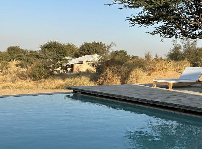 An image of a swimming pool over looking the desert camp area with sparse vegetation - MANVAR Resort & desert Camp
