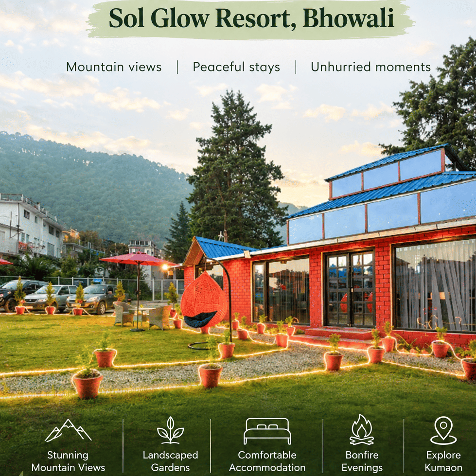 Promotional image for Sol Glow Resort in Bhowali, displaying a red brick cottage with a blue roof, a swing chair on a landscaped lawn, and mountain views.