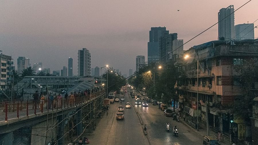The skyscrapers and roads of Mumbai City late in the evening