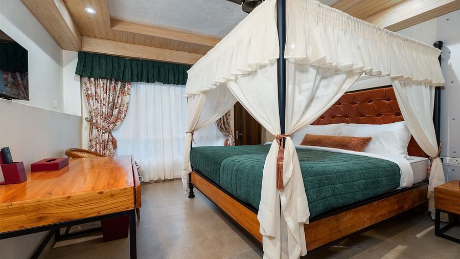  Premium Room featuring a large bed with curtains neatly tied to rods on all four sides and a wall-mounted television