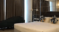 A bed with a headboard and neatly arranged pillows. Curtains are drawn at the large window.- Golden Suites, Gurgaon
