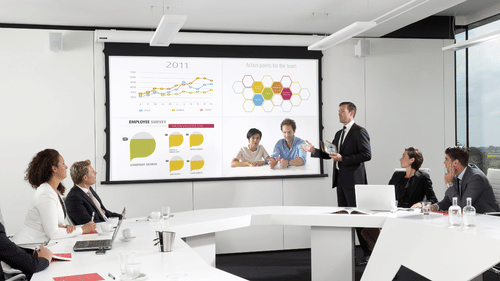 A team meeting with a person taking a lead on presenting