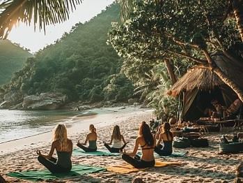 A group of people practising yoga on the beach with mountains in the backdrop - WoCAL Retreat Ke Ga