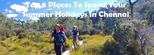 Two people walking on a pathway surrounded by grass and trees, with the text '10 Places To Spend Your Summer Holidays In Chennai' on the image.