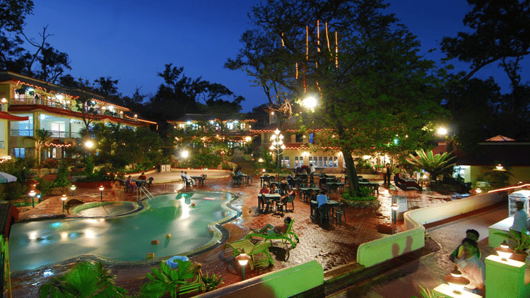 The night view of the resort with its pool, lawn, and surrounding trees.