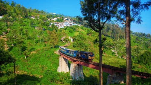 A picturesque landscape with a train crossing a bridge over a valley, surrounded by green hills and trees.